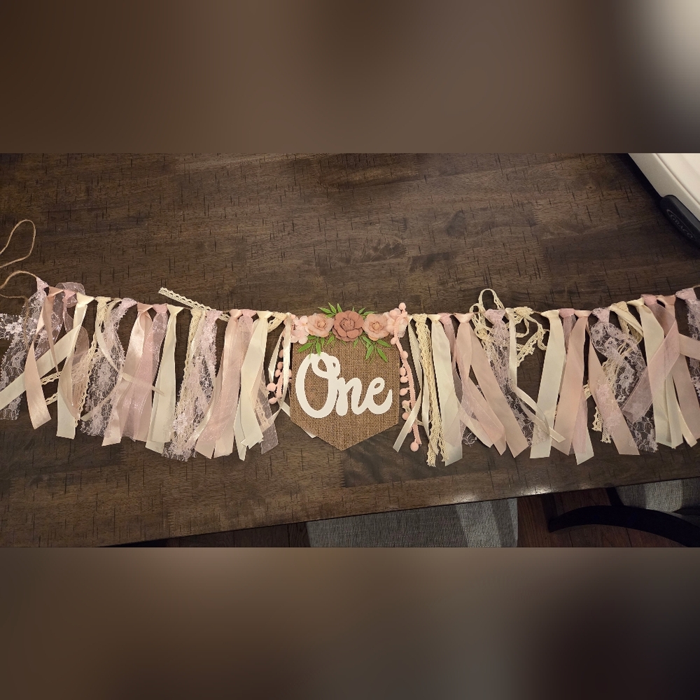 "One" First Birthday Highchair Banner with Pink Floral Accents